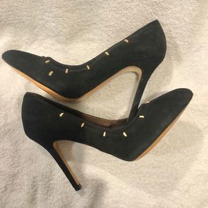 Bruno Maglia black suede heels with gold trim